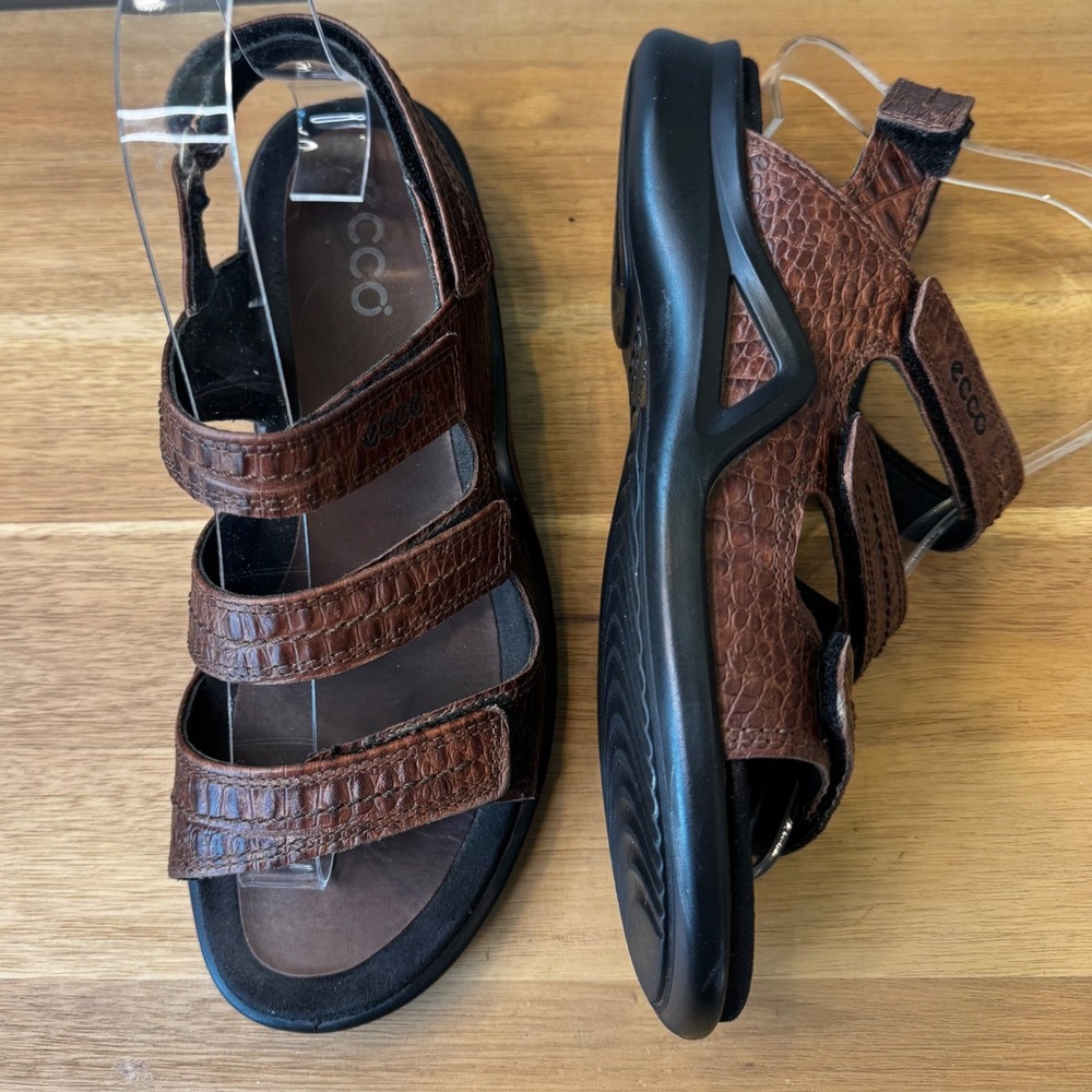 ECCO Women 6.5 EU 37 Brown Croc Embossed Leather Yucatan Strappy Walking Sandal